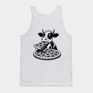 Cow eating Pizza Black & White Tank Top